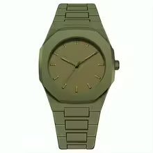 Matte olive green wristwatch with metal strap, minimalist design, available at Herbalvila online store.